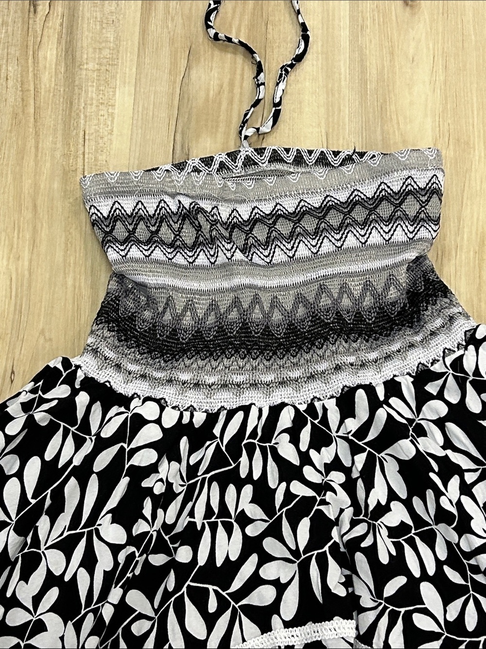 One size White & Black Halter Dress with Patterned Bodice image 3